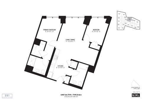 Floor plan for 2 beds, 2 baths, 990 sqft
